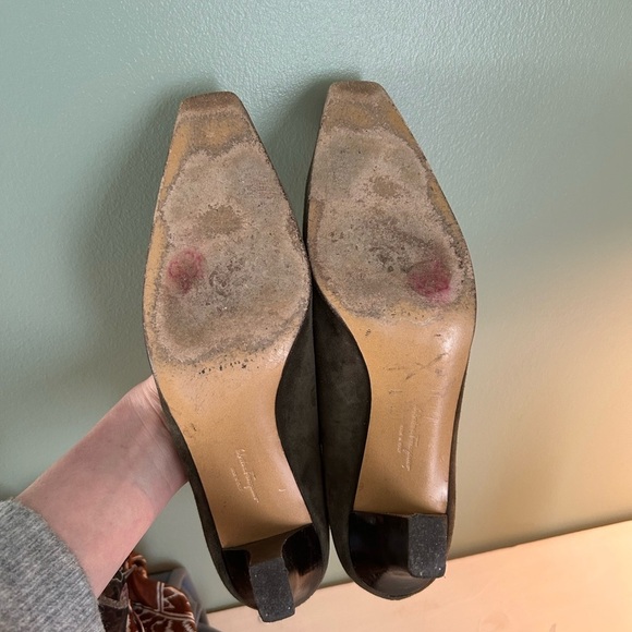 Salvatore Ferragamo Italian Olive Green Suede Heel, Loafer Style - Picture 11 of 11